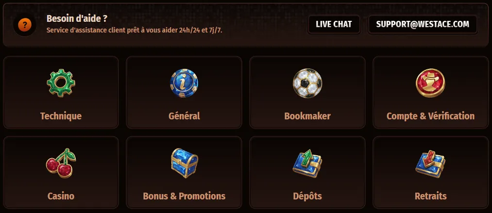 Support client Westase Casino â Assistance 24/7 casino en ligne